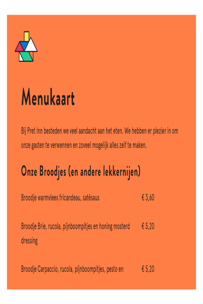 Menukaart Pret Inn (zie website voor actuele versie)